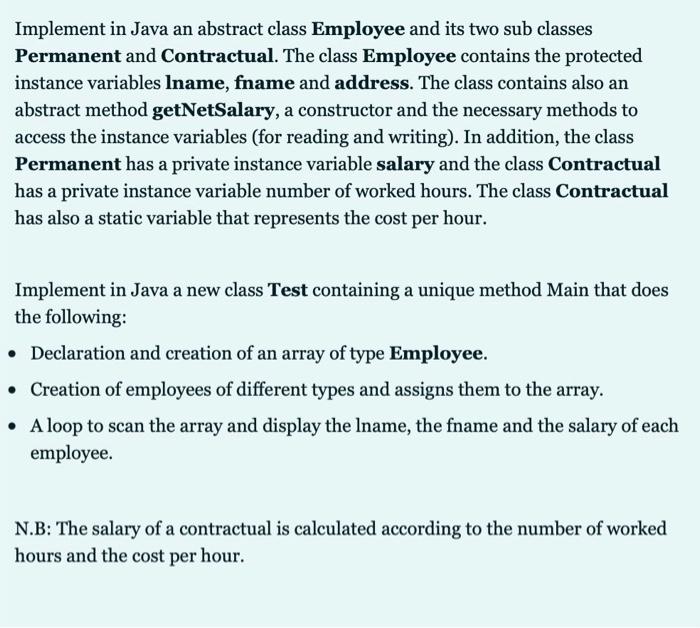 Solved Implement in Java an abstract class Employee and its | Chegg.com