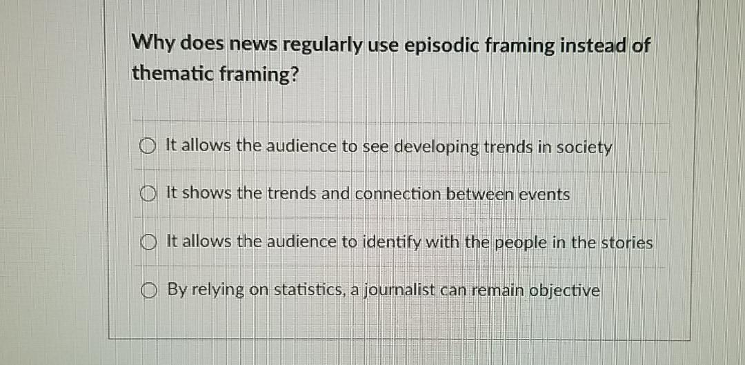 Solved Why does news regularly use episodic framing instead