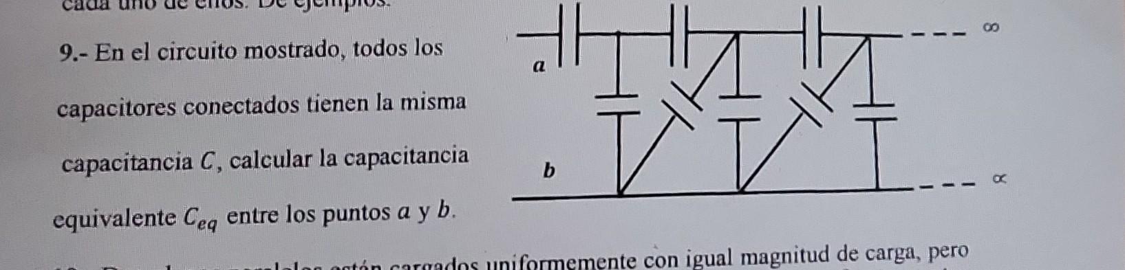 9.- En el circuito mostrado, todos los capacitores conectados tienen la misma capacitancia \( C \), calcular la capacitancia