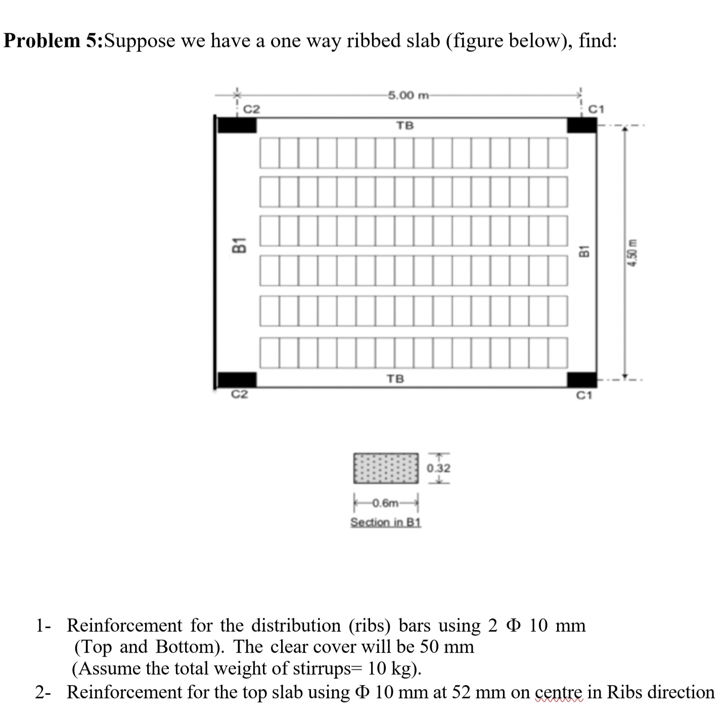 Distribution Rib Solved 1- Reinforcement for the distribution (ribs) bars | Chegg.com
