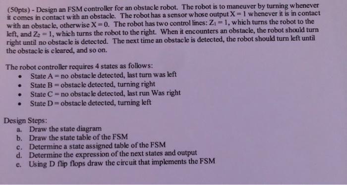 Solved (50pts) - Design An FSM Controller For An Obstacle | Chegg.com