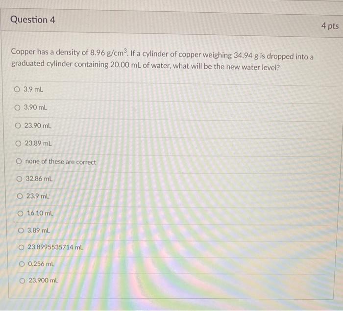 Solved Copper has a density of 8.96 g/cm3. If a cylinder of