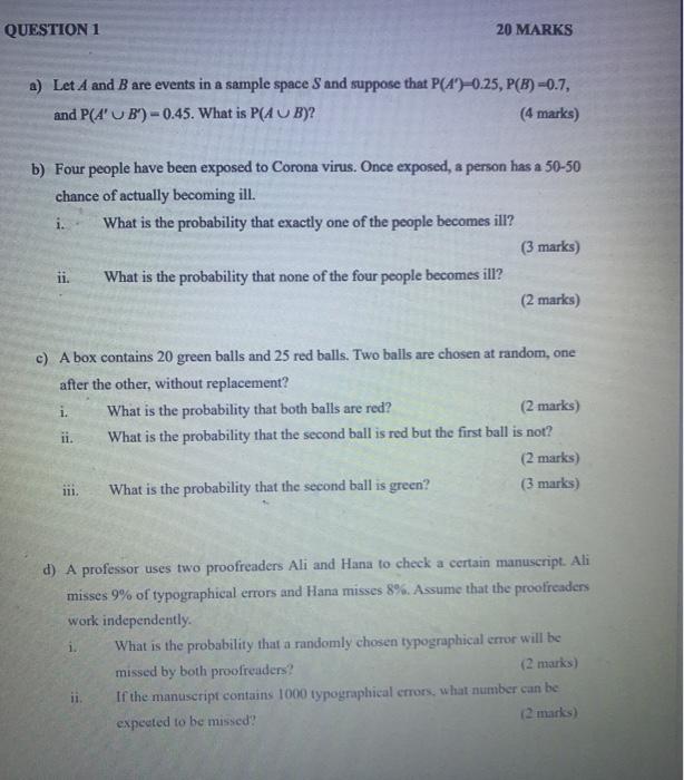 Solved Question 1 20 Marks A Let A And B Are Events In A