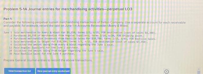Solved Problem 5-1A Journal entries for merchandising | Chegg.com