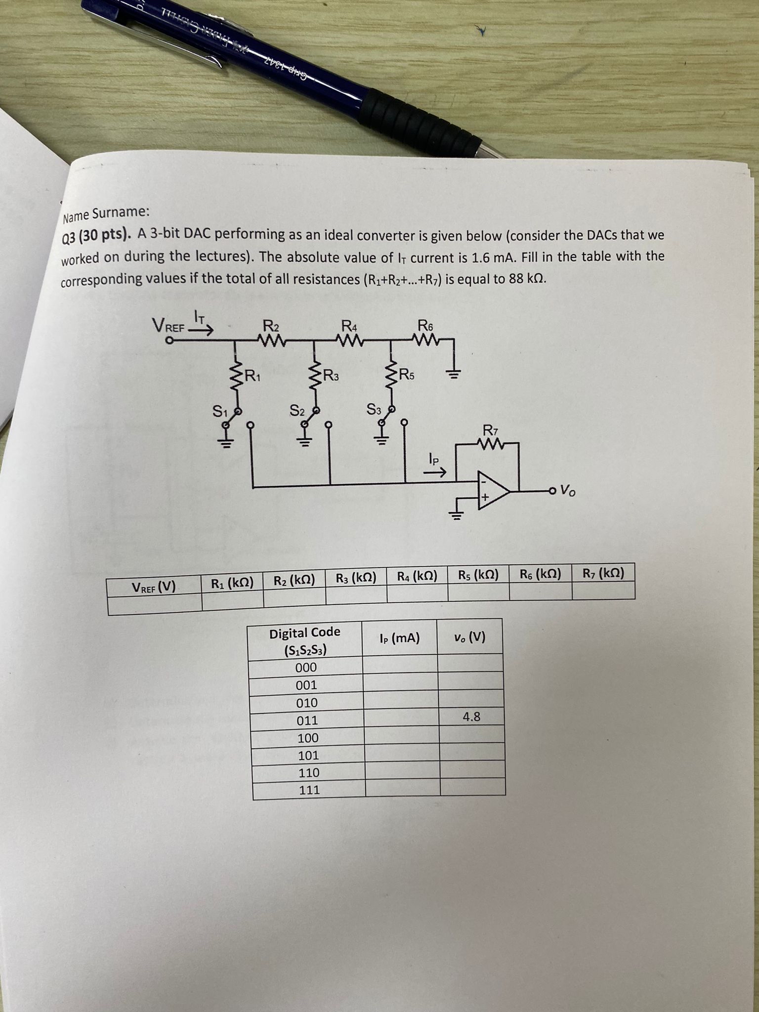 Solved Name Surname:Q3 (30 ﻿pts). ﻿A 3-bit DAC performing as | Chegg.com