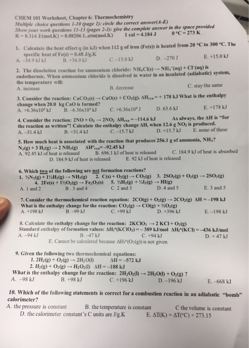 Solved CHEM 101 Worksheet, Chapter 6: Thermochemistry | Chegg.com