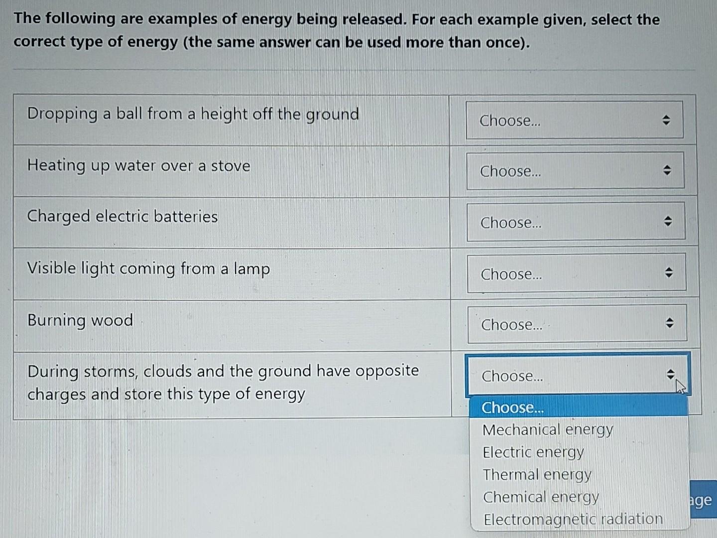 Solved The following are examples of energy being released.