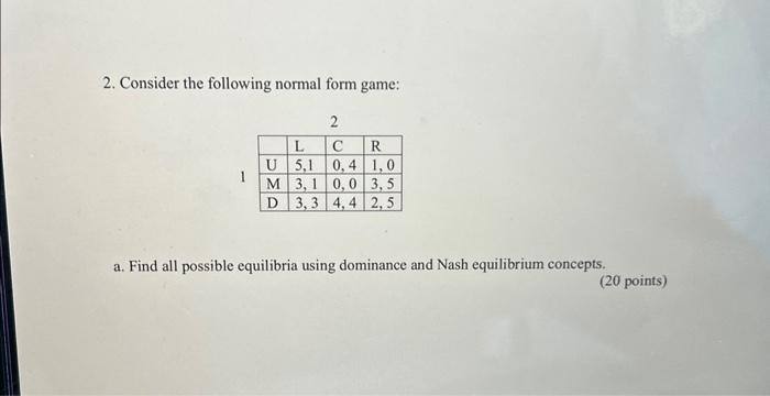 Solved 2. Consider the following normal form game: a. Find | Chegg.com