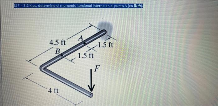 Si F = 3.2 kips, determine el momento torcional interno en el punto A en Ib.ft). А. 4.5 ft В. -1.5 ft 1.5 ft 4 ft