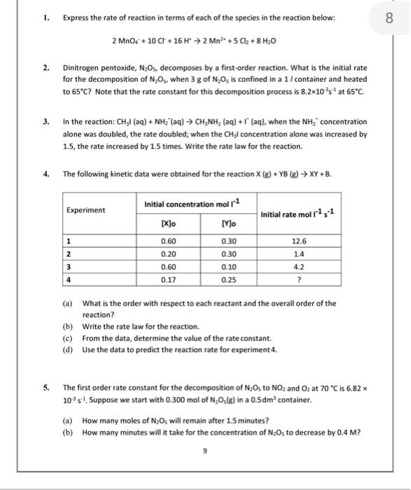 Solved 1. Express the rate of reaction in terms of each of | Chegg.com