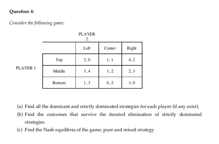 Solved Question 4 Consider the following game: PLAYER 2 Left 