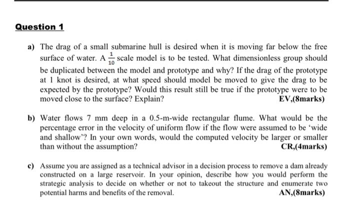 Solved Question 1 a) The drag of a small submarine hull is | Chegg.com