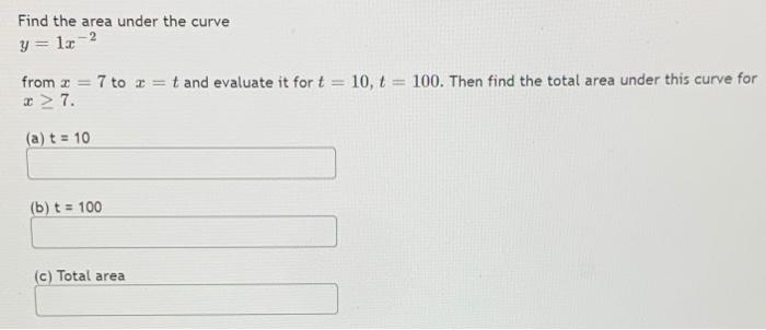 Solved Find the area under the curve y= 1. -2 from x = 7 to | Chegg.com