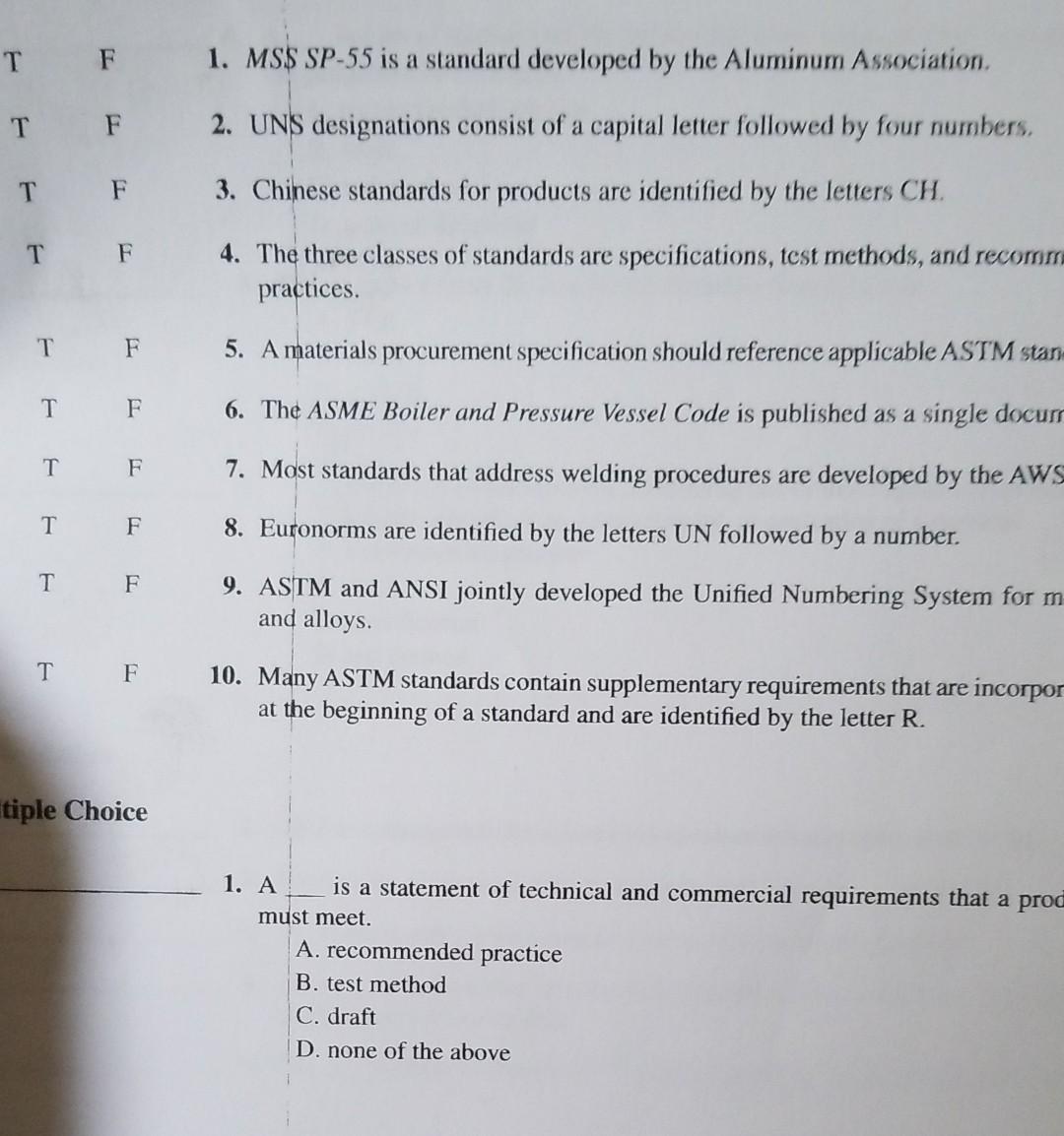 Solved T F 1. MSS SP-55 is a standard developed by the | Chegg.com