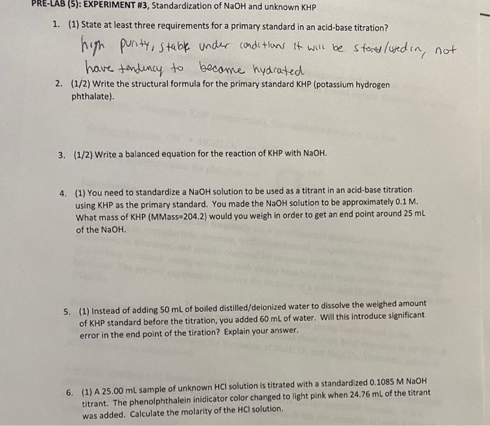 Solved PRE-LAB (5): EXPERIMENT #3, Standardization of NaOH | Chegg.com