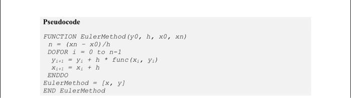 Solved Pseudocode FUNCTION EulerMethod (y0,h,x0,xn) | Chegg.com