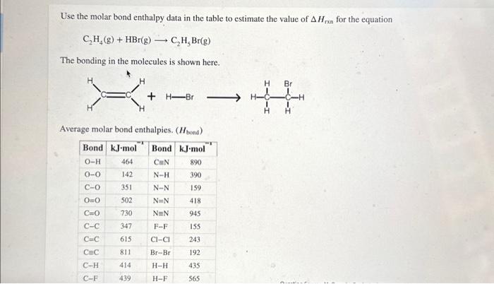 Solved Use the molar bond enthalpy data in the table to Chegg