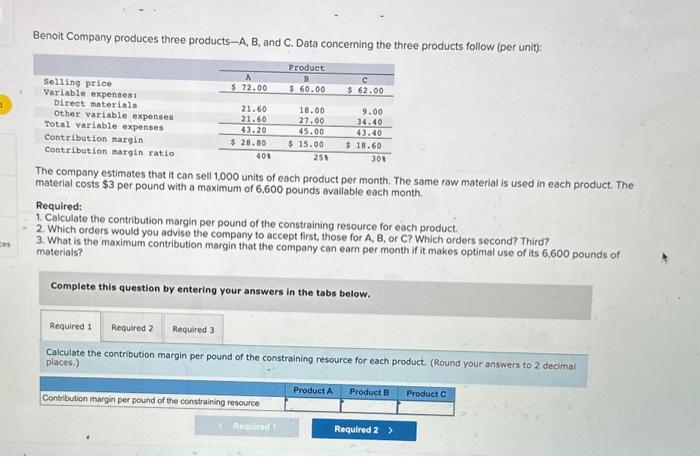 Solved Benoit Company Produces Three Products-A, B, And C. | Chegg.com