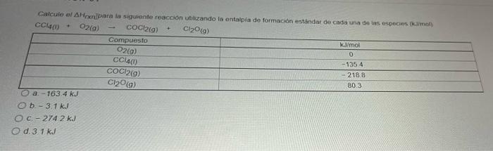 Galcule of AH heripara la sigurente reaccion utilizando la ontalpia do formación estandar de cada una de ins especins (kirmon