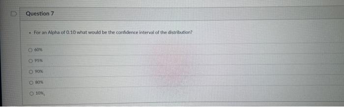 - For an Alpha of 0.10 what would be the confidence interval of the distribution?
\( 60 \% \)
sos