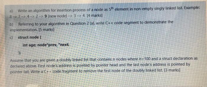 Solved a) Write an algorithm for insertion process of a node | Chegg.com