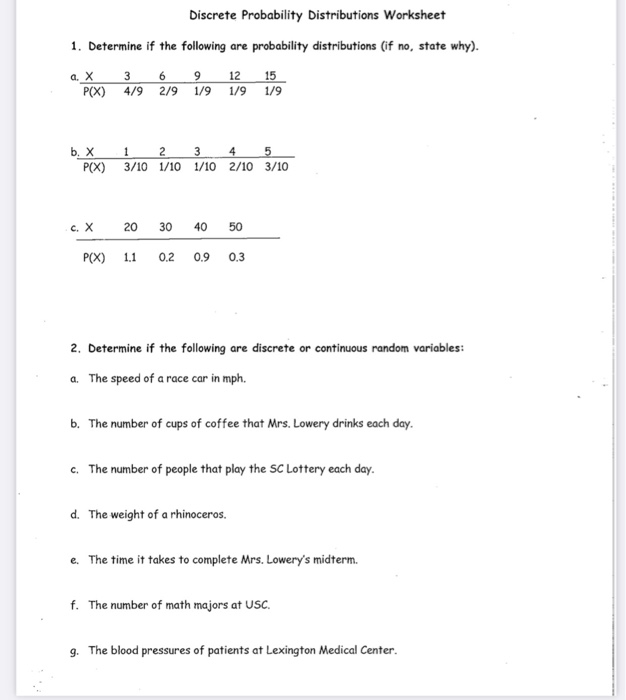 Solved Discrete Probability Distributions Worksheet 1. | Chegg.com