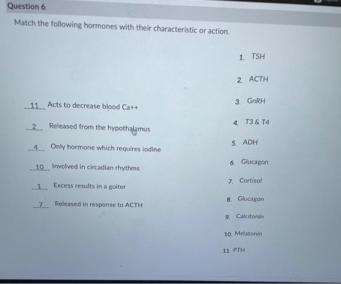 Solved Question 6 Match the following hormones with their | Chegg.com