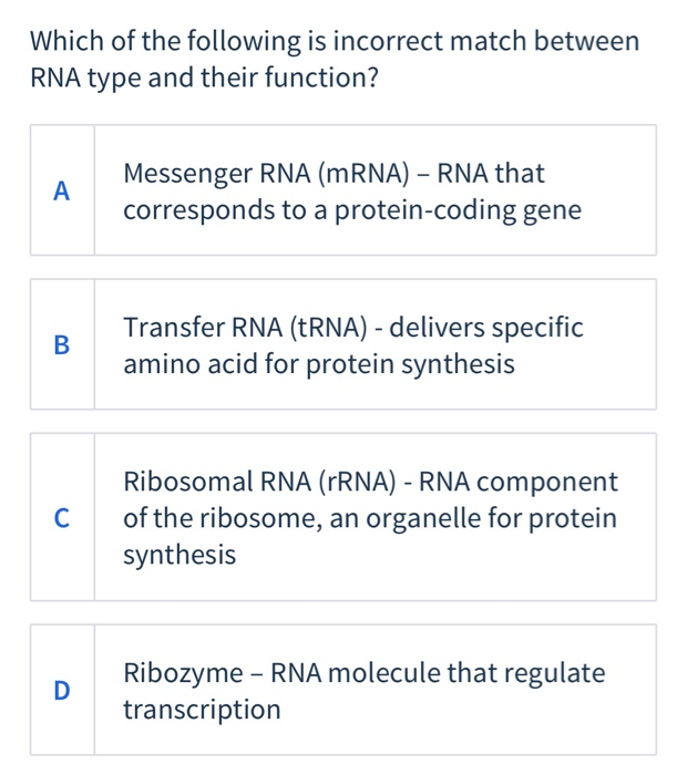 Which Of The Following Is An Incorrect Match Solved Which of the following is incorrect match between RNA | Chegg.com