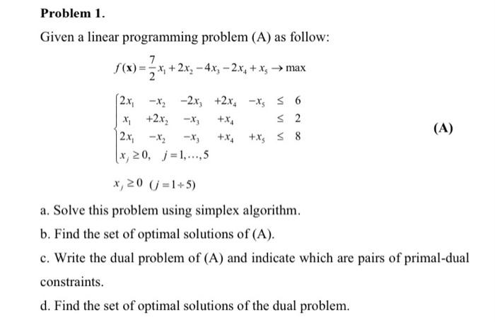 Solved Problem 1. Given a linear programming problem (A) as | Chegg.com