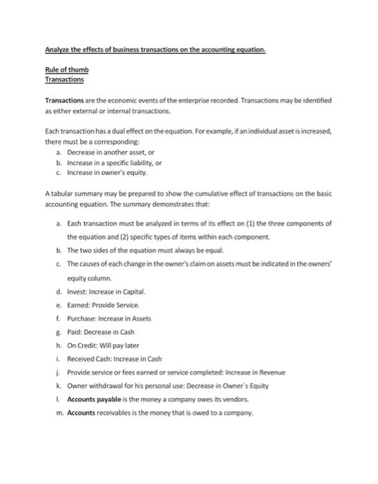 Solved Transaction Analysis Transaction (1): Investment by | Chegg.com
