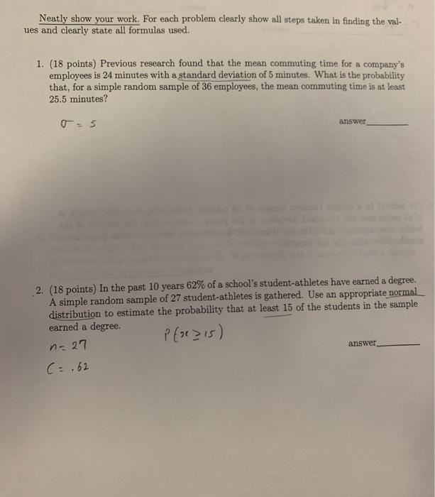 Solved Neatly show your work. For each problem clearly show | Chegg.com