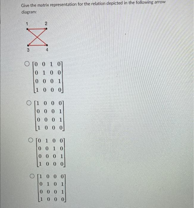 Give the matrix representation for the relation depicted in the following arrow
diagram:
3
2
? ?? ?
01
0100
0001
[1000]
1
O[1