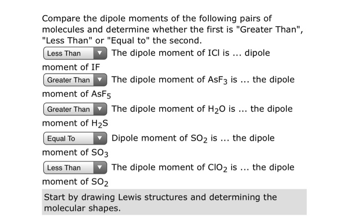 Solved Compare the dipole moments of the following pairs of | Chegg.com