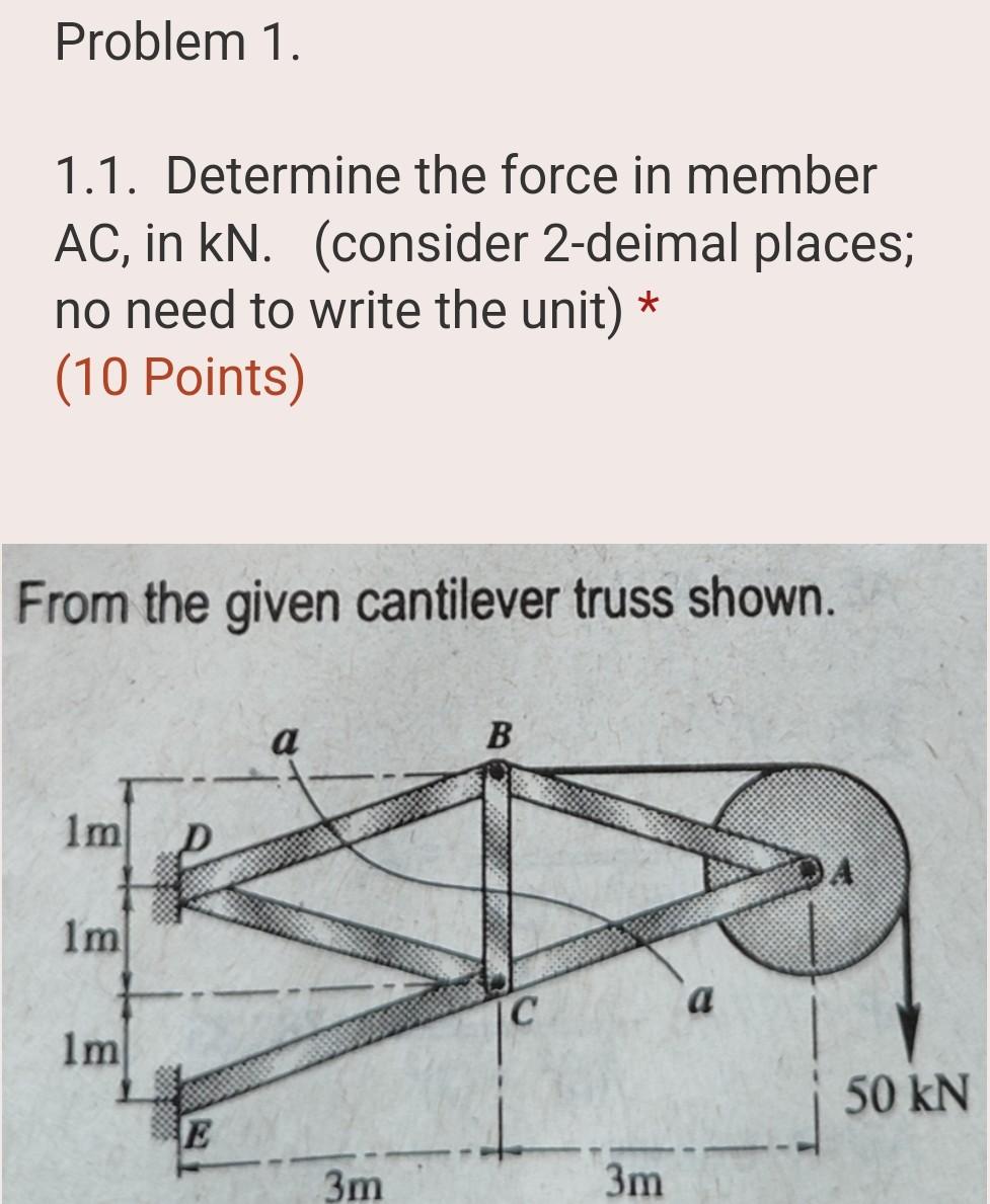Solved Problem 1. 1.1. Determine the force in member AC, in | Chegg.com