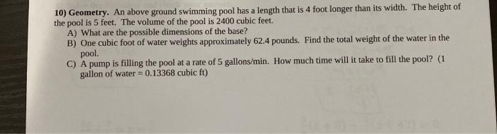 Solved 10) Geometry. An above ground swimming pool has a | Chegg.com