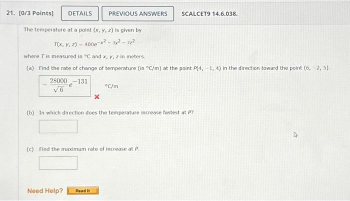 Solved The temperature at a point (x,y,z) is given by | Chegg.com