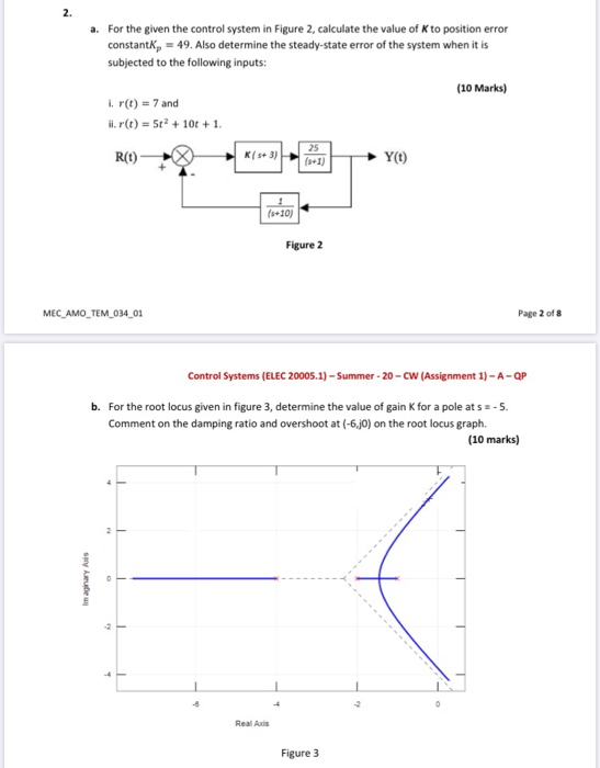 Solved 2. a. For the given the control system in Figure 2, | Chegg.com
