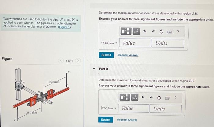 Solved Two wrenches are used to tighten the pipe. P=180 N is | Chegg.com