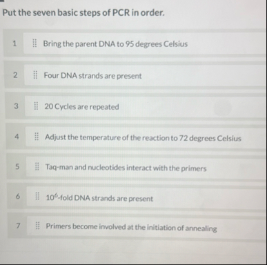 Solved Put the seven basic steps of PCR in order.1 ﻿#i. | Chegg.com
