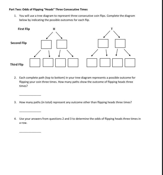 Part Two: Odds of Flipping Heads Three Consecutive Times
1. You will use a tree diagram to represent three consecutive coin