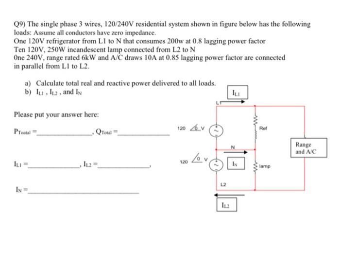 Solved Q9) The single phase 3 wires, 120/240V residential | Chegg.com