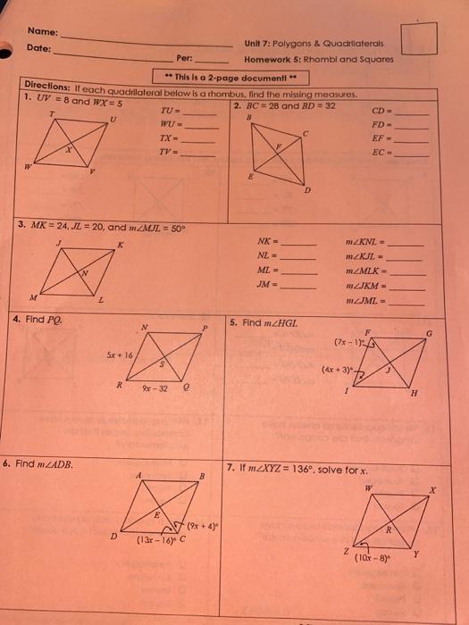 Solved Unit 7 Homework 5 Rhombi Squares Directions If Chegg Com