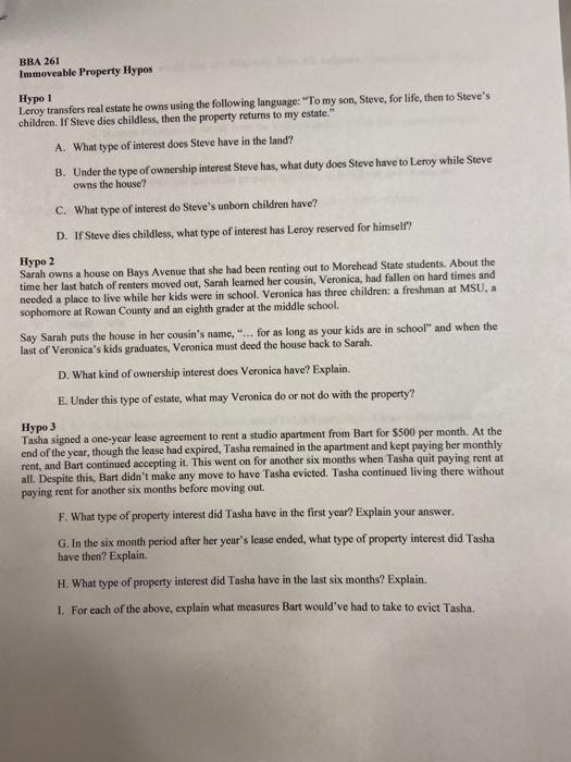 Solved BRA 261 Immoveable Property Hypos Hypo 1 Leroy | Chegg.com