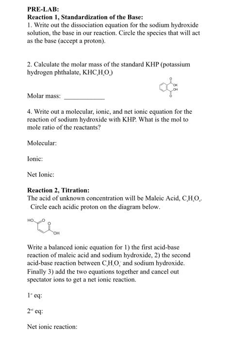 Solved PRE-LAB: Reaction 1, Standardization of the Base: 1. | Chegg.com