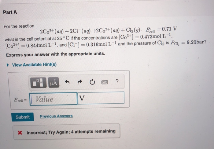 Solved Part A For the reaction 2C03+ (aq) + 2C1- (aq) +2Co2+ | Chegg.com