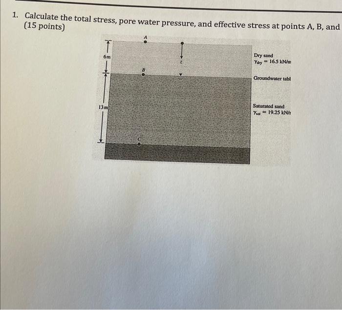 1. Calculate the total stress, pore water pressure, and effective stress at points \( A, B \), and (15 points)