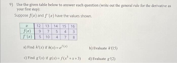 Solved 9) Use the given table below to answer each question | Chegg.com
