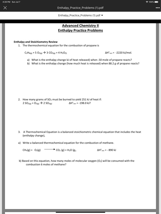 Enthalpy Practice Problems With Answers Pdf