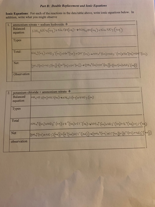 Solved Part B: Double Replacement and Ionic Equations lonie | Chegg.com