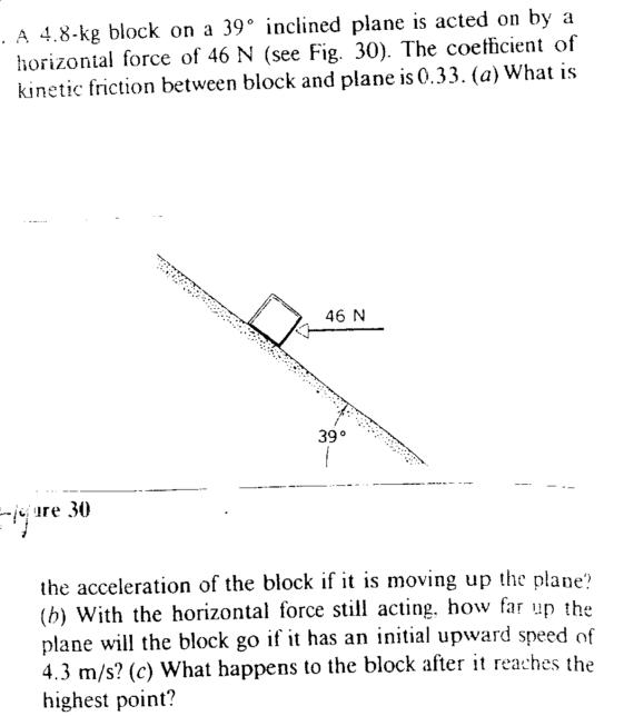 Solved A 4.8-kg block on a 39degree inclined plane is acted | Chegg.com